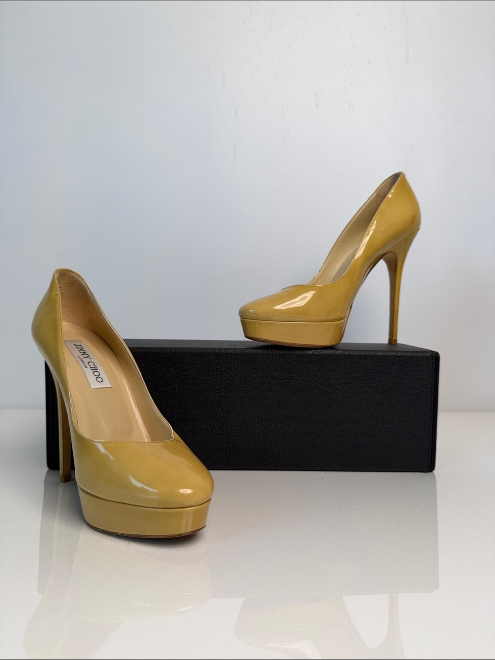 Jimmy Choo Mustard Yellow Patent Leather Alex Platform Pumps Size 38